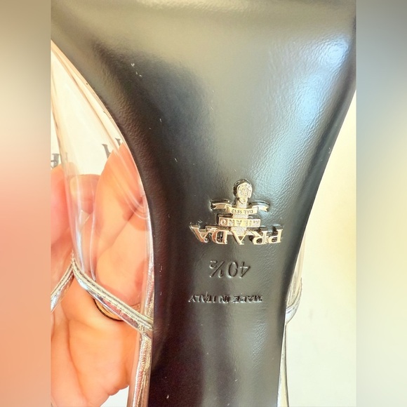 Prada Metallic silver leather logo print Pexiglas high heel slide sandals EU40.5 - Picture 14 of 15